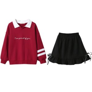 Girls Casual Long Sleeve Lapel Letter Pattern Stripe Sweatshirt And Solid Color Crease Skirt Set
