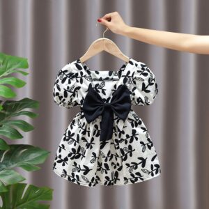 Kids Girls Sweet Square Neck All Over Print Big Bow Decor Dress