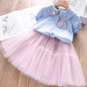 Girls Cute Cartoon Rabbit Short Sleeve Single-breasted Blouse And Mesh Skirt Set
