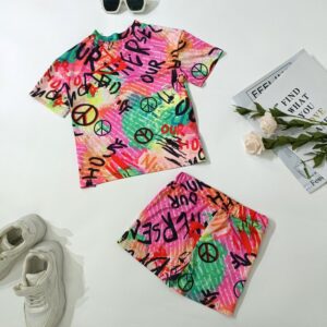 Kids Girls Casual Round Neck Short Sleeve Letter Colorful All Over Print Loose T-Shirt And Elastic Shorts Set