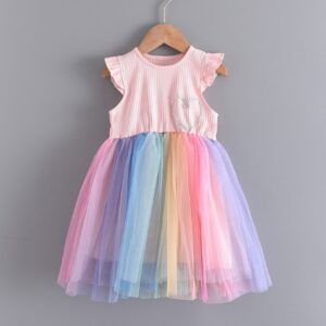 Children Kids Baby Fashion Girls Ruffle Sleeve Heart Print Rainbow Color Mesh Dress