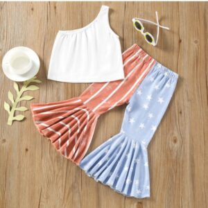 Independence Day Freedom Summer Kids Girls Casual Letter Pattern Inclined Shoulder Sleeveless Top And Elastic Stripe Flared Trousers Set