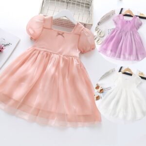 Kids Girls Basic Solid Color Square Neck Puff Sleeve Shiny Smooth Dress