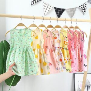Kids Girls Basic Cute Cartoon All Over Print Round Neck Sleeveless Casual Dress