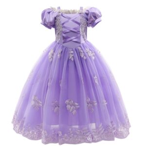 Girls Elegant Puff Sleeve Flower Embroidered Lace Princess Party Dress