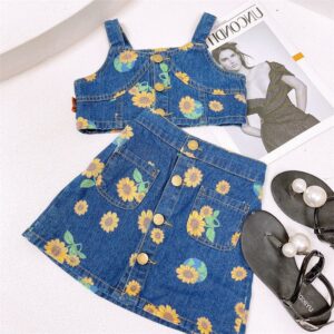 Kids Toddler Girls Fashion Denim High Waist Sling Top And Wrap Skirt Two Piece Set