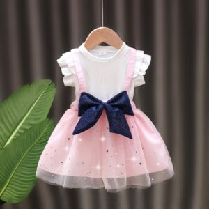 Kids Girls Cute Big Bow Decor Round Neck Ruffled Mesh Spliced Dress