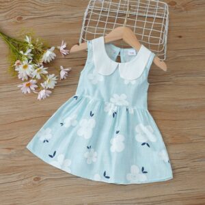 Girls Cute Sleeveless Doll Collar Flower All Over Print Dress