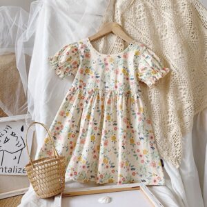 Kids Girls Pastoral Floral All Over Print Round Neck Puff Sleeve Loose Dress