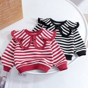 Children Kids Toddlers Girls Lapel Stripe Long Sleeve Sweatshirt