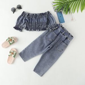 Girls Lantern Sleeves Off-the-shoulder Top And High Waist Ripped Belt Denim Pants Set
