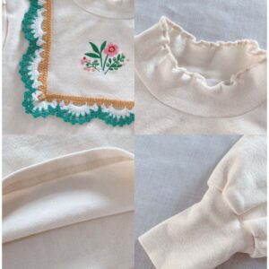 Girls Basic Embroidered Long Sleeve Round Neck Top And Denim Pants Two-piece Set