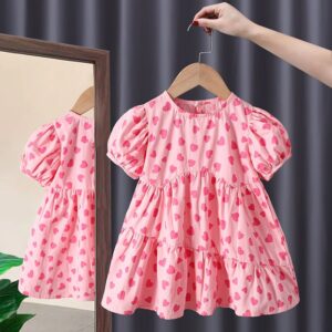 Kids Girls Sweet Heart All Over Print Round Neck Puff Sleeve Dress