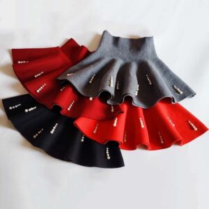 Kids Girls Sweet Solid Color Pearl Design High Waist A-line Pleated Skirt