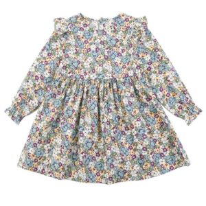 Girls Pastoral Round Neck Long Sleeve Stringy Selvedge Design Floral All Over Print Dress