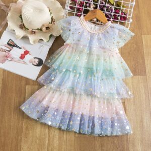 Girls Round Neck Sleeveless Star Pattern Multilayer Gauze Puffy Princess Cake Dress