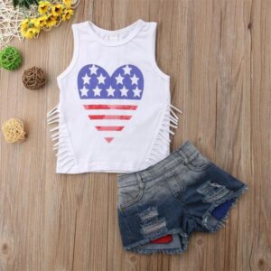 Children Kids Baby Fashion Girls Flag Printing Tassel Vest And Ripped Shorts 2pcs Set Independence Day