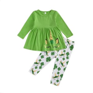 Children Kids Toddlers Fashion St.Patrick's Day Girls Long Sleeve Unicorn Print Tops And Clover Pants 2pc Set