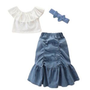 Girls Ruffled Neck Solid Color T-Shirt And Pleated Denim Skirt With Headband Set