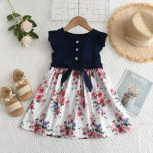Children Kids Baby Fashion Girls Ruffle Sleeve Flower Print Bow Knot Princess Dress