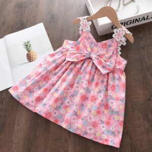 Kids Girls Cute Flower All Over Print Sleeveless Bow Decor Slip Dress