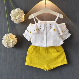 Kids Girls Basic Off-the-shoulder Embroidered Single-breasted Short-sleeved Blouse And Elastic Waist Shorts Two-piece Set