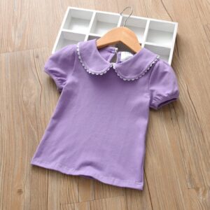 Kids Girls Basic Solid Color Doll Collar Short Sleeve T-Shirt