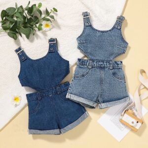 Kids Girls Basic Solid Color Cut Out Sleeveless Denim Romper