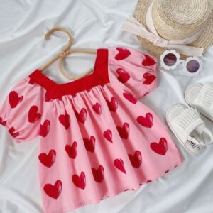 Children Kids Toddlers Fashion Girls Short Sleeve Heart Print Lapel Square Neck Top