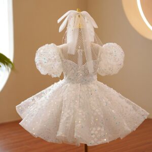 Kids Girls Sweet Round Neck Puff Sleeve Fluffy Yarn Sequin Princess Party Dress