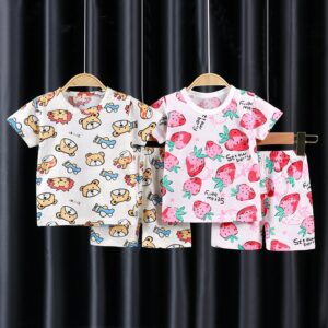Kids Cute Cartoon All Over Print Round Neck Short-sleeved T-Shirt And Shorts Set