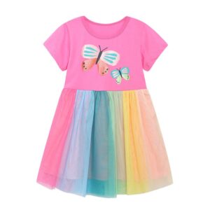 Children Kids Baby Fashion Girls Butterfly Print Short Sleeve Mesh Princess Dress