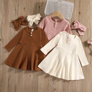 Toddlers Newborn Baby Fashion Girls Solid Color Long Sleeve Round Neck Dress