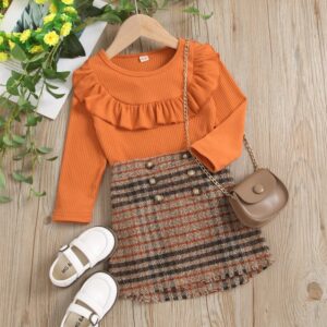 Girls Casual Ruffled Round Neck Long Sleeve Knit Top And Plaid Skirt Two Piece Set