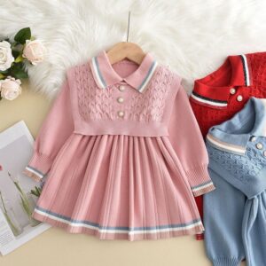 Children Kids Toddlers Girls Long Sleeve Knitted Dress And Vest 2pcs Set
