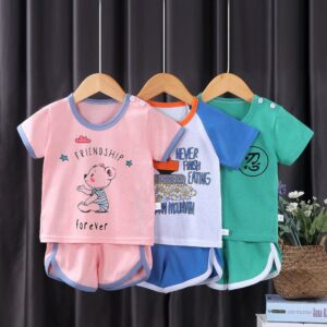 Kids Cute Cartoon Letter Pattern Round Neck Short-sleeved T-Shirts And Shorts Set