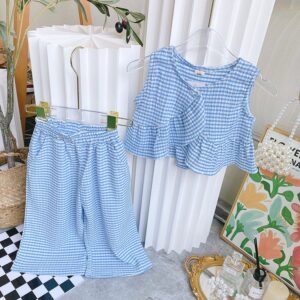 Kids Toddler Girls Fashion Casual Playid Print Sleeveless Top Pants Set