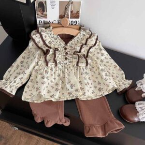 Kids Toddler Girls Casual Cute Tiny Flower Print Long Sleeve V Neck Shirt Trousers Set