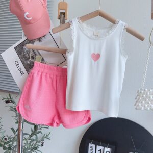 Kids Toddler Girls Casual Cute Heart Shaped Embroidery Tank Top Shorts Set