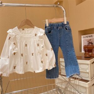 Kids Toddler Girls Casual Cute Cartoon Bear Embroidery Long Sleeve Shirt Jeans Set
