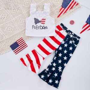 Kids Toddler Girls Cute Party Independence Day Bow Letter Camisole Flare Trousers Set