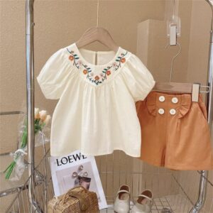 Kids Toddler Girls Casual Cute Flower Embroidery Short Sleeve Top Shorts Set