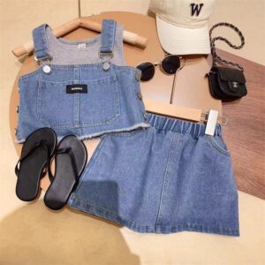 Kids Toddler Girls Fashion Casual Solid Color Tank Top Denim Top Skirt Three-Piece Set