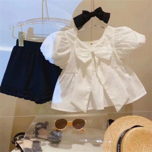 Kids Toddler Girls Casual Cute Bow Puff Sleeve Top Shorts Set