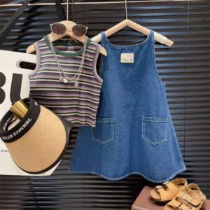 Kids Toddler Girls Fashion Casual Stripe Tank Top Denim Dress Set