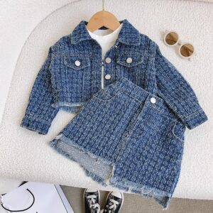 Kids Toddler Girls Fashion Casual Chic Long Sleeve Lapel Denim Jacket Skirt 2 Piece Set