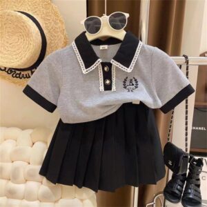 Kids Toddler Girls Fashion Casual Preppy Embroidery Short Sleeve Lapel POLO Shirt Short Skirt Set