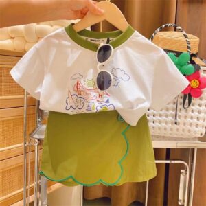 Kids Toddler Girls Casual Cute Cartoon Print Short Sleeve Round Neck T-Shirt Shorts Set