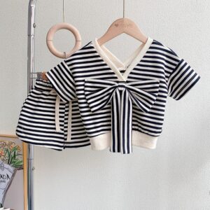 Kids Toddler Girls Casual Cute Bow Stripe Short Sleeve V Neck T-Shirt Shorts Set