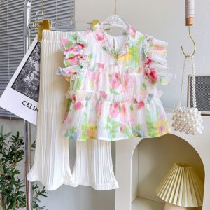 Kids Toddler Girls Casual Cute Multicolor Flower Print Sleeveless Shirt Flare Trousers Set